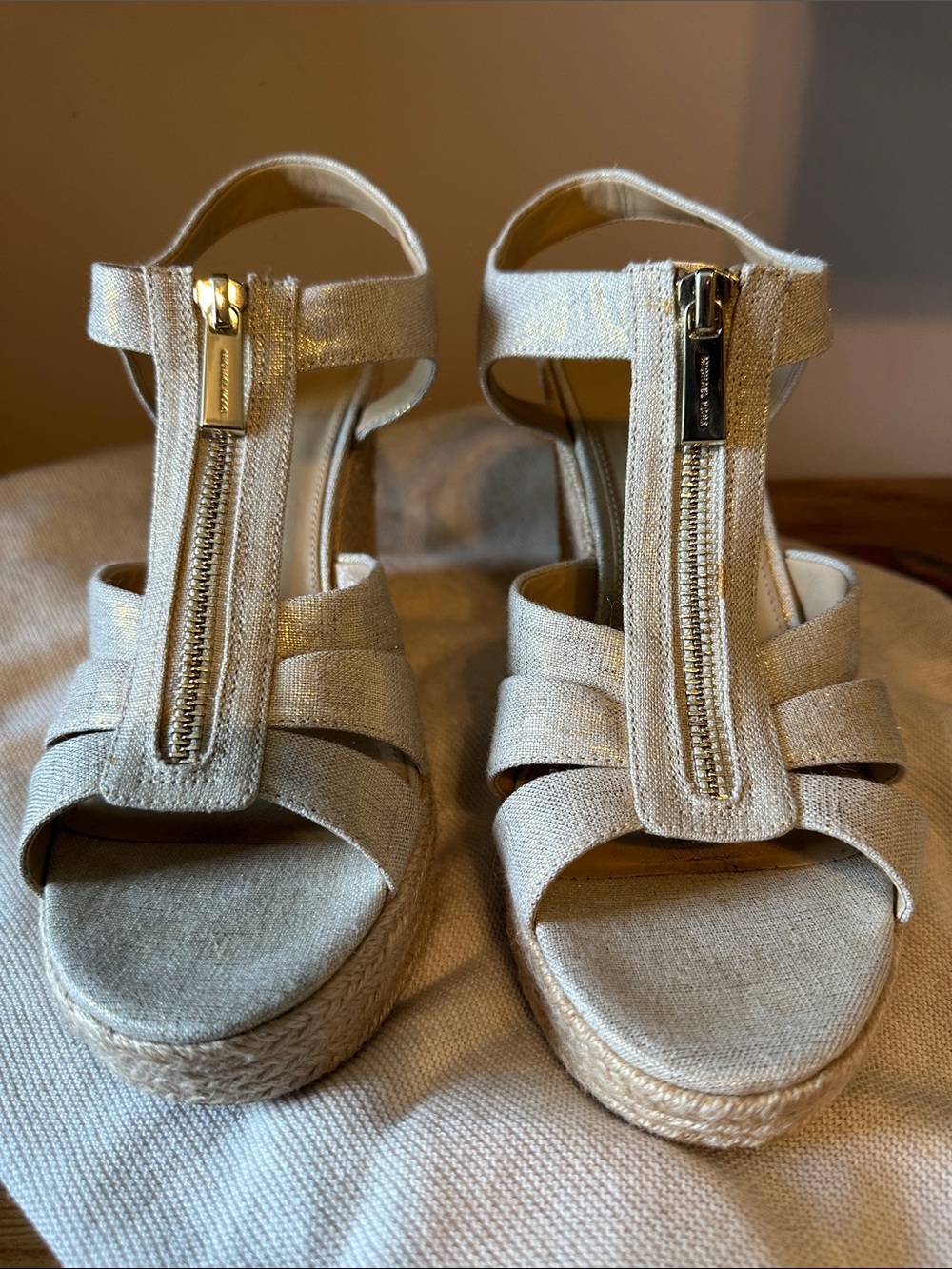 Michael KorsWomen’s Wedge Sandals with Front Zipper - Light shimmery gold
